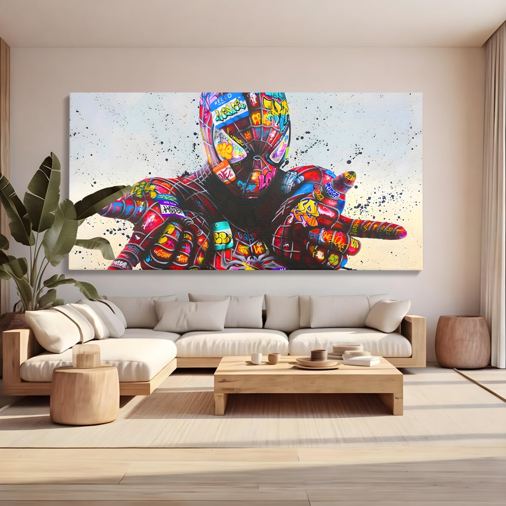 Tablou canvas cu tablou canvas cu omul paianjen in stil grafitti, fara rama, pe sasiu de lemn, pe perete intr-un living